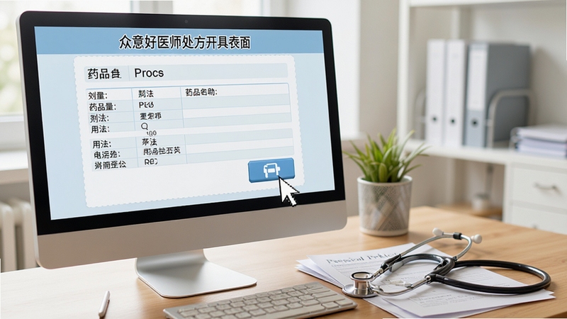 众意好医师处方开具界面,电脑屏幕上显示一张电子处方单,包含药品名称、剂量、用法等信息,鼠标指针正指向打印按钮,旁边摆放着听诊器和处方笺,背景为医生办公桌,色调柔和明亮,突出智能辅助与安全用药的主题