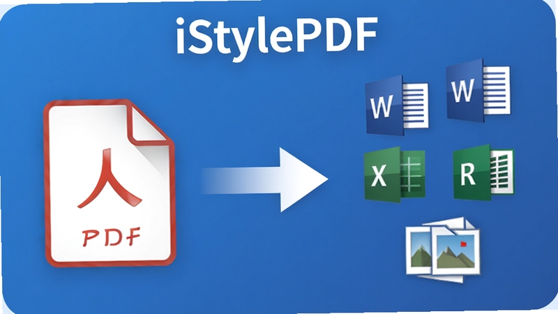 一张展示iStylePDF格式转换功能的动态示意图,左侧为PDF文件图标,右侧为Word、Excel、图片等格式图标,中间用箭头连接,背景为渐变蓝色,画面简洁直观,标注iStylePDF文字