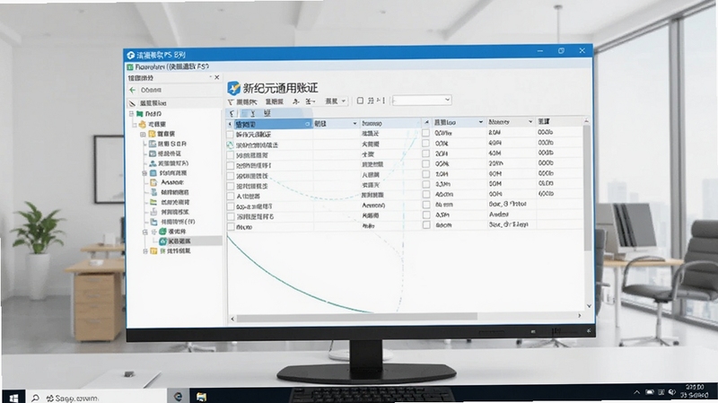 新纪元通用账证(浪潮通软PS系列)主界面预览图,显示软件运行在Windows桌面上,界面简洁,左侧为功能树,右侧为账证数据表格,背景为干净的办公室环境,整体风格专业、清晰,适合作为软件官方宣传图