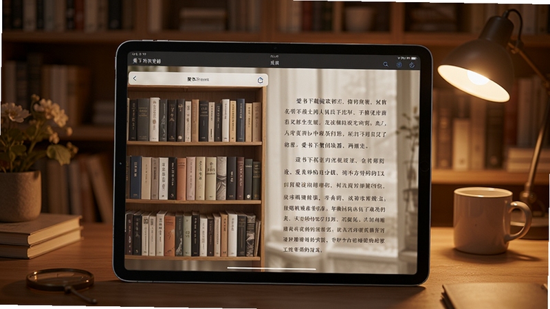 爱书下载阅读器主界面预览图,展示书架陈列与阅读背景,画面主体为平板电脑屏幕,背景为温暖的书房环境,光线柔和,突出软件整体阅读氛围