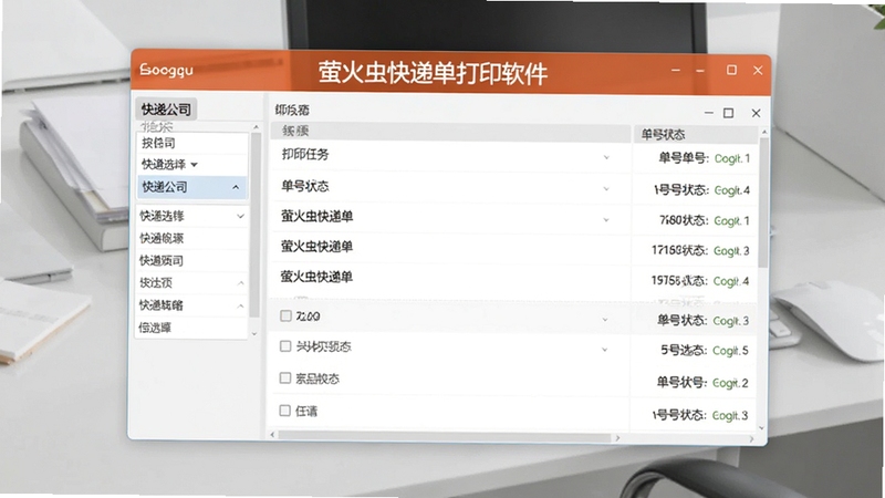 萤火虫快递单打印软件主界面预览图,画面中央是简洁的打印任务列表,左侧有快递公司选择栏,右侧显示单号状态,背景为浅灰色办公室桌面,整体风格明亮清晰,软件名称醒目地显示在窗口标题栏,适配Boogu模型生成