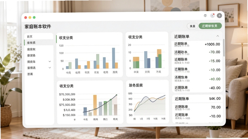 家庭帐本软件主界面预览图,展示清晰的数据看板、收支分类图表和近期账单列表,背景为温馨的家庭客厅场景,色调柔和明亮,突出软件的易用性与家庭氛围,整体画面干净整洁,适配Boogu模型生成