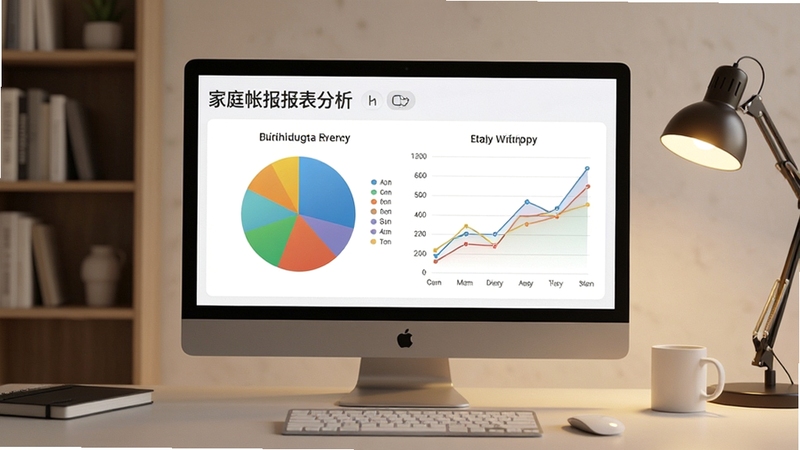 家庭帐本报表分析页面展示图,屏幕中央显示彩色饼图和趋势折线图,图表清晰易读,背景为现代简约书房,灯光柔和,突出数据分析的专业感与直观性,适配Boogu模型生成