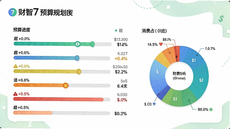 财智7预算规划页面,显示各类别预算进度条和超支警示,色彩鲜艳,饼图展示消费占比,背景为白底配浅绿色装饰