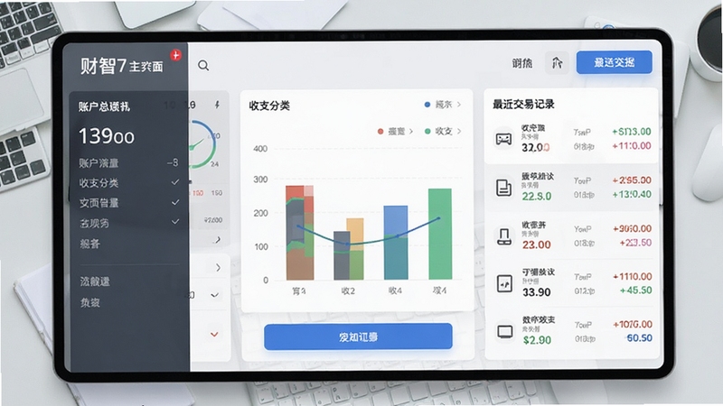 财智7主界面截图,展示清晰的账户总览、收支分类图表和最近交易记录列表,整体风格现代简洁,背景为浅灰色工作台,突出数据可视化面板和操作按钮