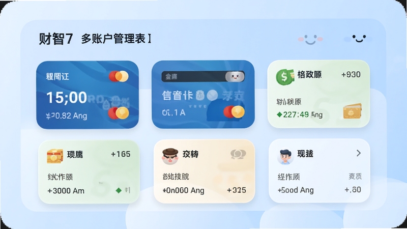 财智7多账户管理界面,展示银行卡、信用卡、现金等多个账户卡片,每个卡片显示余额和交易摘要,背景为淡蓝色渐变,界面圆润友好