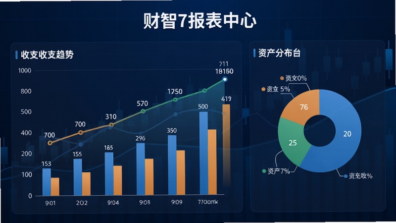 财智7报表中心,展示折线图、柱状图和饼图组合,显示收支趋势和资产分布,背景为深蓝色金融风格,数据标签清晰
