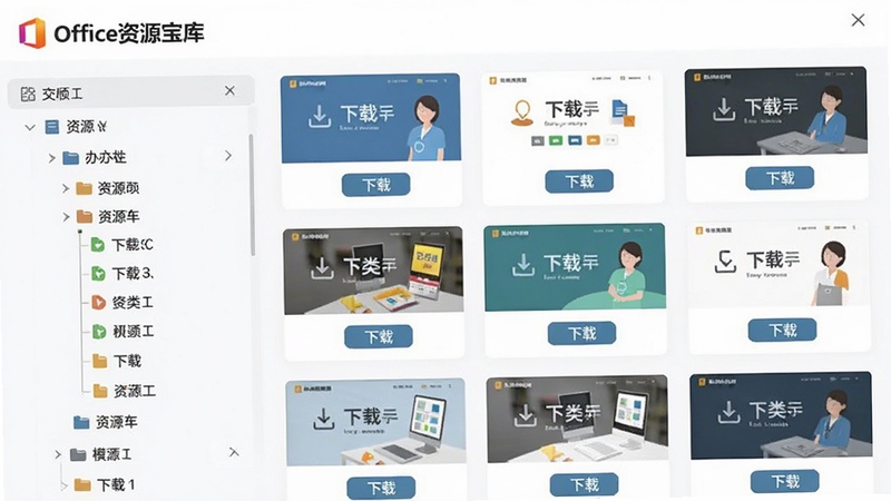 一个扁平化风格的界面示意图,展示Office资源宝库-SoEasy办公效率平台的模板库页面,左侧是分类树形目录,右侧是模板缩略图瀑布流,每个缩略图上都有“下载”按钮,画面色彩清新,图标精致,突出资源丰富且分类清晰的特点,界面左上角有“Office资源宝库”的Logo