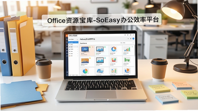 一张宽幅的现代办公场景俯视图,画面中央是一台笔记本电脑,屏幕显示Office资源宝库-SoEasy办公效率平台的资源列表界面,周围散落着文件夹、咖啡杯和便签纸,背景是模糊的办公室环境,暖色调灯光,整体风格明亮专业,强调高效与资源整合,画面包含“Office资源宝库-SoEasy办公效率平台”字样的悬浮标签