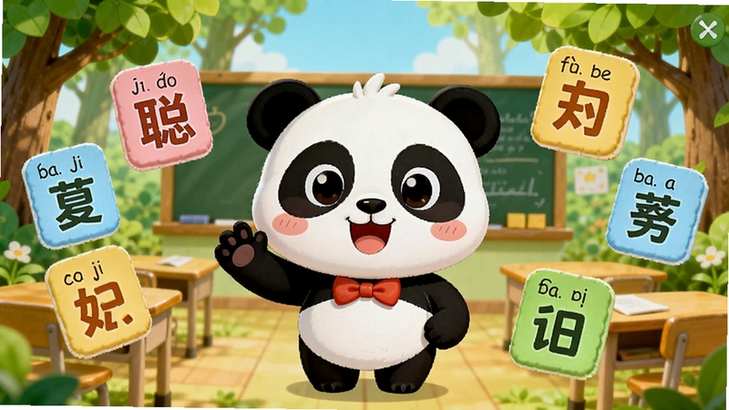 聪聪识字软件主界面展示图,画面中央是可爱的卡通熊猫老师,周围漂浮着带拼音的彩色汉字卡片,背景是明亮的森林教室,整体风格童趣活泼,色彩鲜艳,突出学习与游戏的融合,适配Boogu模型生成