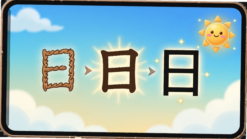 聪聪识字象形动画演示画面,屏幕上一个“日”字从甲骨文形态逐渐演变成现代汉字,旁边配有小太阳图标和发光效果,背景为渐变蓝天白云,整体色调温暖明亮,卡通风格,展现汉字演变过程,适配Boogu模型生成