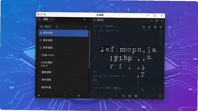 一张高清软件预览图,画面中央是魔鬼打字软件的电脑端主界面,左侧显示课程列表,右侧为打字练习区域,背景采用渐变蓝紫色科技感风格,界面元素清晰可见,整体明亮简洁