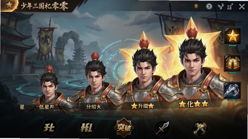 少年三国志零武将养成界面预览图,画面展示一位武将从低星级到高星级的进化对比,周围有升级、突破、装备等图标,背景为科技感与古风结合,色彩层次分明