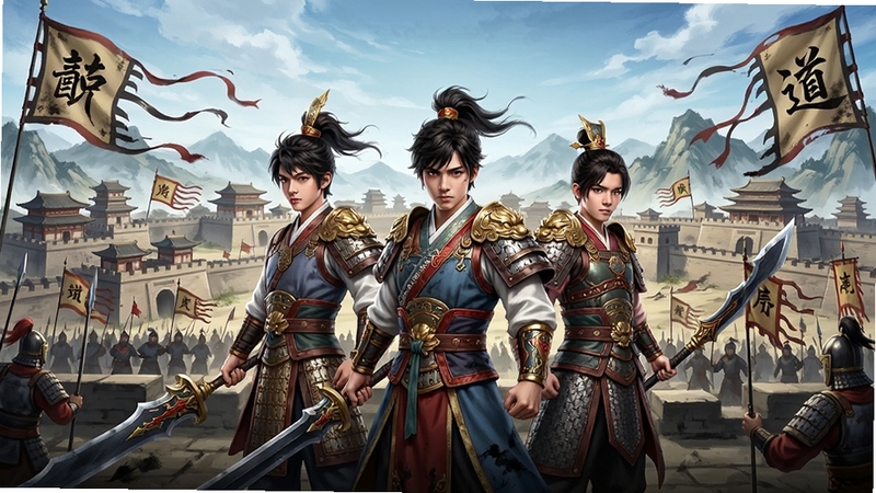 少年三国志零游戏全景预览图,画面中央是三位少年武将并肩而立,背景是恢弘的三国城池与战场,远处有连绵的山脉和旗帜,整体风格为国风水墨与写实结合,色彩鲜艳明亮,细节丰富,适合作为游戏宣传图