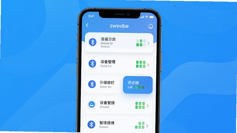 zwsvibe 智能设备管理工具主界面预览图,手机屏幕显示设备列表与连接状态卡片,背景为简约科技蓝渐变,整体风格清新明亮,突出蓝牙连接与设备管理核心功能