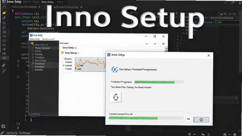 һ��չʾInno Setup����������������ɵİ�װ��Ԥ��ͼ�ĺϳ�ͼ�񣬱���Ϊ��ɫ����༭�����ǰ��Ϊ�������������洰�ںͰ�װ��������������רҵ�ִ���ͻ����������Inno Setup��