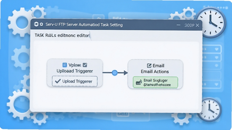 一张展示Serv-U FTP Server自动化任务设置界面的示意图,画面中有一个流程图般的任务规则编辑器,包含上传触发器和邮件通知动作,背景为明亮的现代UI风格,配以齿轮和时钟图标元素,体现自动化处理能力