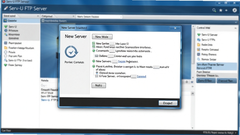 一张Serv-U FTP Server管理控制台的主界面截图,画面中央突出显示新建服务器向导对话框,背景为模糊的软件主界面,整体色调为蓝色和白色,展现软件易于上手的特性
