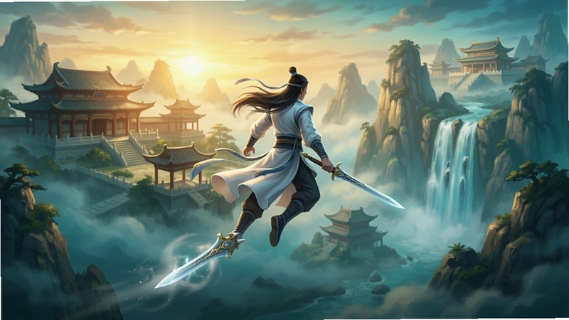 天剑诀游戏全景预览图,画面中央一名白衣剑客御剑飞行于云雾缭绕的仙山之上,背景为夕阳映照下的古典宫殿群,远处有飞瀑流泉,整体色调以青蓝与金色为主,光影层次丰富,细节精致,适合作为游戏宣传海报展示。