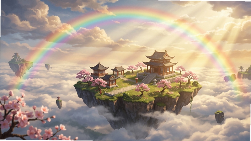 天剑诀游戏场景风景截图,展示一座悬浮在云海之上的仙岛,岛上亭台楼阁错落有致,桃花盛开,一道彩虹横跨天际,阳光透过云层洒下,整体色调温暖明亮,氛围宁静祥和,适合作为游戏壁纸。
