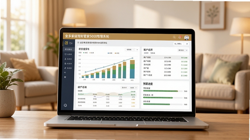 画面主体为一台笔记本电脑屏幕显示金多家庭理财管家5000管理系统主界面,界面包含清晰的收支图表、账户总览和预算进度条,背景为温馨明亮的现代家庭客厅,暖色调,光线柔和,整体风格写实、高清,突出软件的易用与专业感,无文字叠加