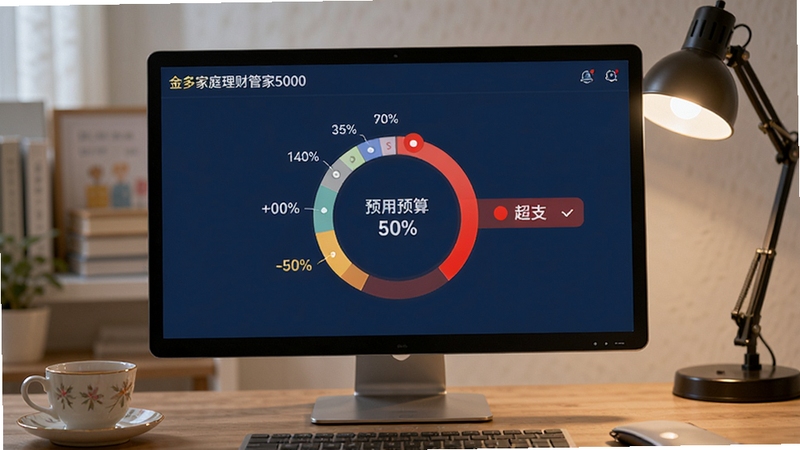 金多家庭理财管家5000管理系统预算预警界面,屏幕中央有环形进度条显示各分类预算使用情况,超支项目以红色高亮,整体界面深蓝底色,数据可视化风格,背景为家庭书桌,有茶杯和台灯,写实风格,高清,突出预警的直观性
