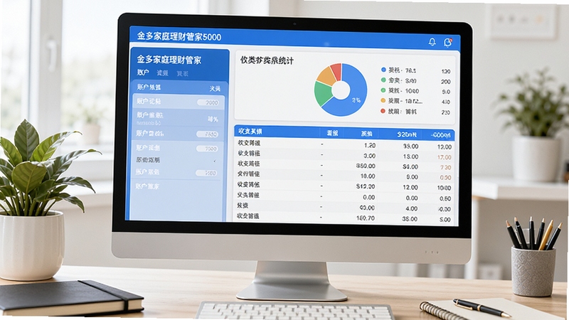 金多家庭理财管家5000管理系统智能记账界面,左侧为账户列表,右侧为收支明细表格,顶部有分类统计饼图,界面蓝白配色,现代简约,电脑屏幕置于办公桌上,周围有绿植和笔记本,光线明亮,高清渲染,突出数据清晰与操作便捷