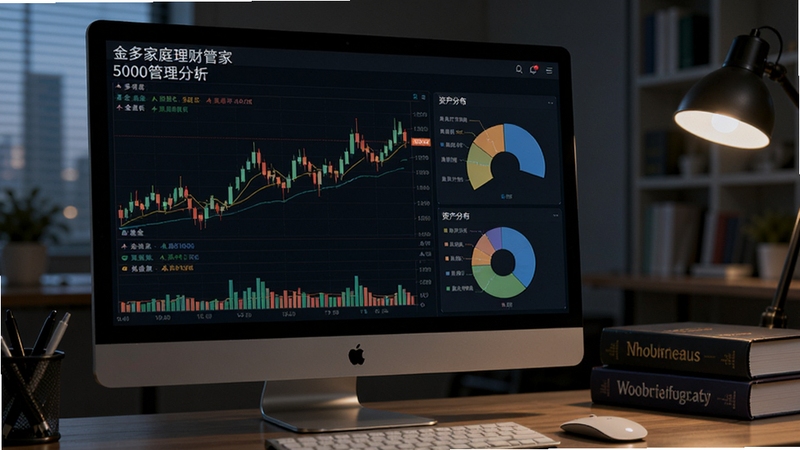 金多家庭理财管家5000管理系统投资分析界面,屏幕显示基金、股票的K线图和资产分布饼图,界面深色主题,数据图表动态展示,背景为办公室场景,有台式电脑和金融书籍,写实风格,光线较暗,突出图表发光效果,高清