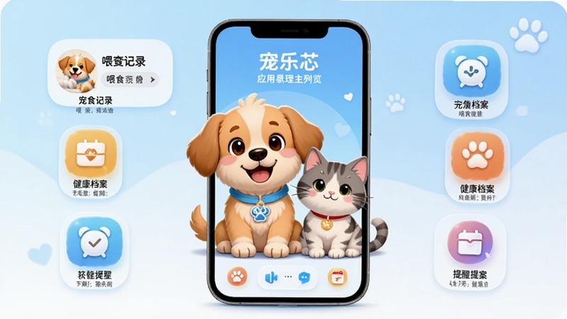 宠乐芯应用主界面预览图,展示一只可爱的卡通狗和猫在手机屏幕中央,周围环绕着喂食记录、健康档案、提醒闹钟等图标,背景为温馨的浅蓝色渐变,整体风格明亮清新,突出宠物管理与陪伴的主题,画面主体位于中心区域,细节丰富,适合应用商店展示