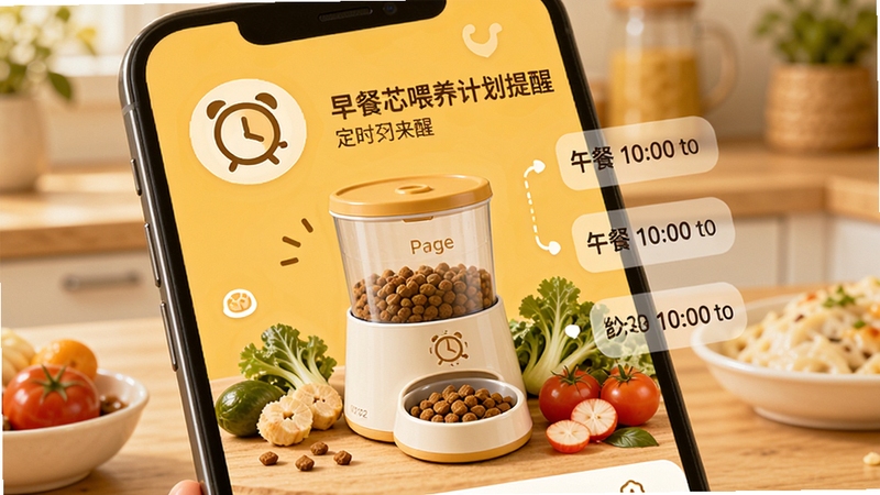 宠乐芯喂养计划提醒界面,手机屏幕展示定时闹钟和狗粮碗图标,旁边有早餐、午餐、晚餐三个时间点标记,背景为暖黄色食物色调,气氛轻松,画面中央突出自动喂食器与新鲜食材,细节表现丰富,主题明确