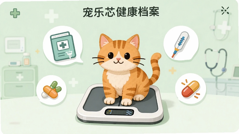 宠乐芯健康档案功能界面,画面中央显示一只橘猫站在电子体重秤上,周围漂浮着疫苗本、体温计、药物胶囊等图标,背景为淡绿色医疗风格,界面用简单线条勾勒,突出数据记录与健康管理,整体色调温馨且专业,画面主体居中,细节清晰