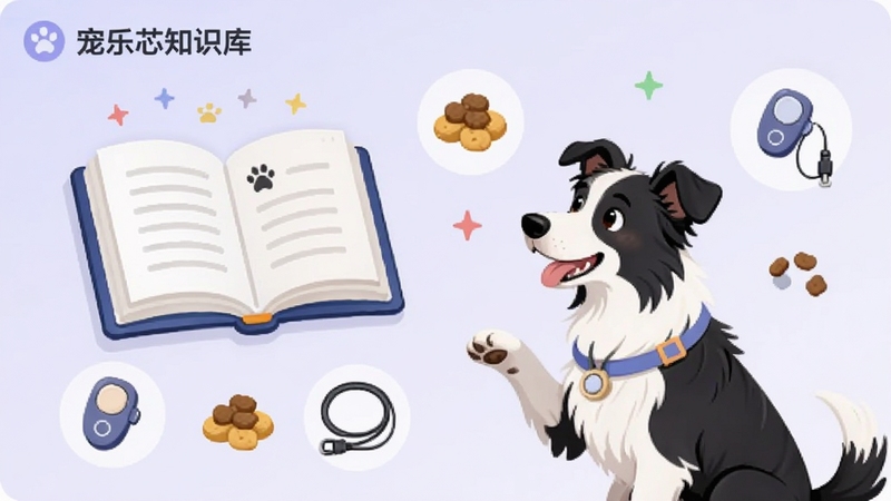 宠乐芯知识库界面,展示一本打开的书和一只正在听从指令的边牧犬,周围有零食奖励、点击器、牵引绳等训练工具图标,背景为淡紫色,风格简约教育感强,画面主体位于偏左位置,突出知识传授与互动训练场景