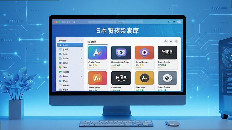 一张宽幅电脑桌面场景,屏幕中央显示软件库主界面,界面清晰展示左侧软件分类列表和右侧热门软件推荐卡片,背景为简洁的渐蓝色科技风格,整体画面明亮干净,突出软件库的品牌名称与海量资源特色