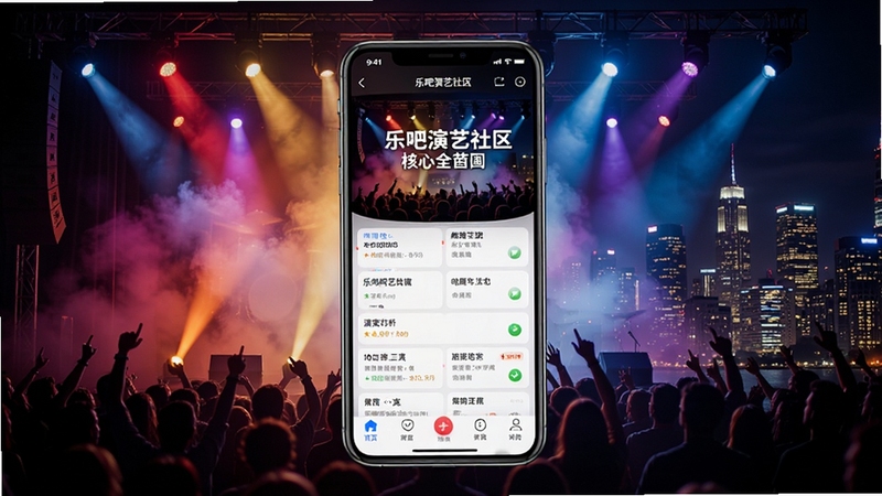 一张展示乐吧演艺社区核心全貌的宽幅预览图,画面中心是手机APP界面,背景融合了舞台灯光与城市夜景,色彩绚丽,突出演艺社交的活力与热情,整体构图大气,细节丰富。