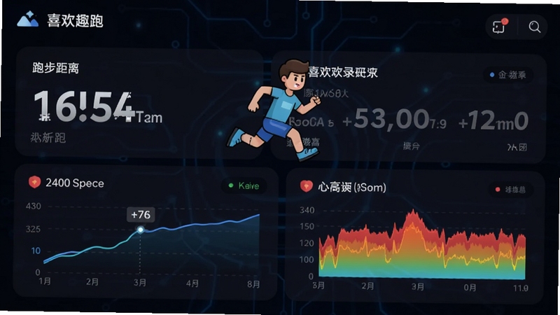 喜欢趣跑软件的运动数据记录界面,展示跑步距离、配速曲线、心率区间等图表,背景为深色科技感界面,数据可视化清晰,配有卡通跑者图标,风格简洁现代,突出数据分析功能,图片比例为16:9