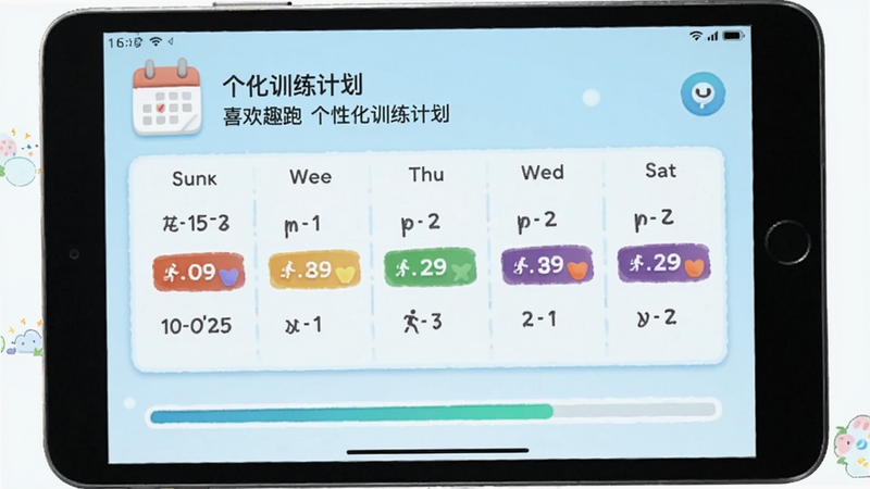 喜欢趣跑个性化训练计划界面,展示一周训练安排,包含不同颜色标注的跑步类型,背景为清新的浅蓝色,配有日历图标和进度条,风格简洁友好,突出计划性与科学性,图片比例为16:9