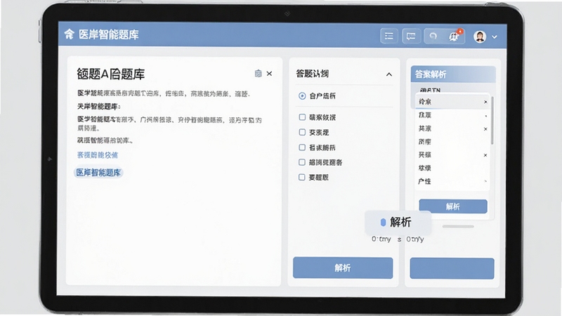 医岸智能题库界面,展示答题页面和答案解析,左侧为题目区域,右侧为选项和答题卡,下方有解析按钮,背景为浅灰色,界面清爽,强调学习功能,风格写实