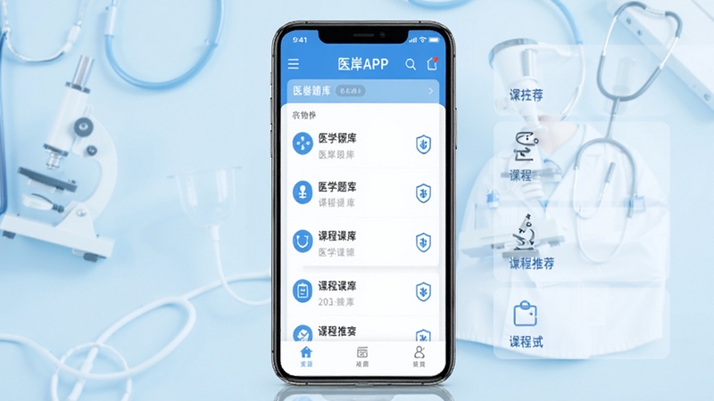 医岸APP主界面截图,展示医学题库列表和课程推荐模块,背景为淡蓝色医学风格,界面简洁现代,图标清晰,整体色调以白色和蓝色为主,突出专业感,适配移动端竖屏显示