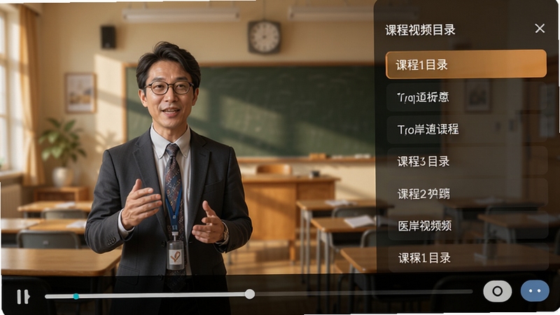 医岸视频课程播放页面,展示讲师讲解画面和课程目录列表,屏幕上有进度条和倍速按钮,背景为教室风格,色调温暖,画面清晰,体现在线教育场景