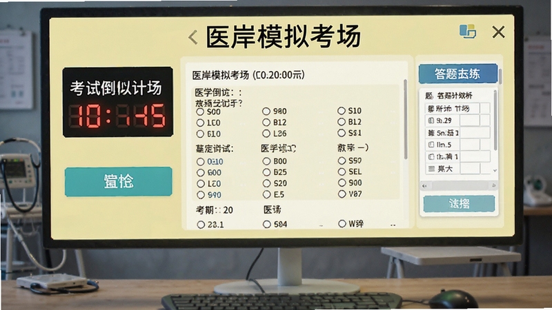 医岸模拟考场界面,展示考试倒计时和答题卡,题目区为医学选择题,背景为浅黄色,按钮醒目,营造考试氛围,强调实战演练