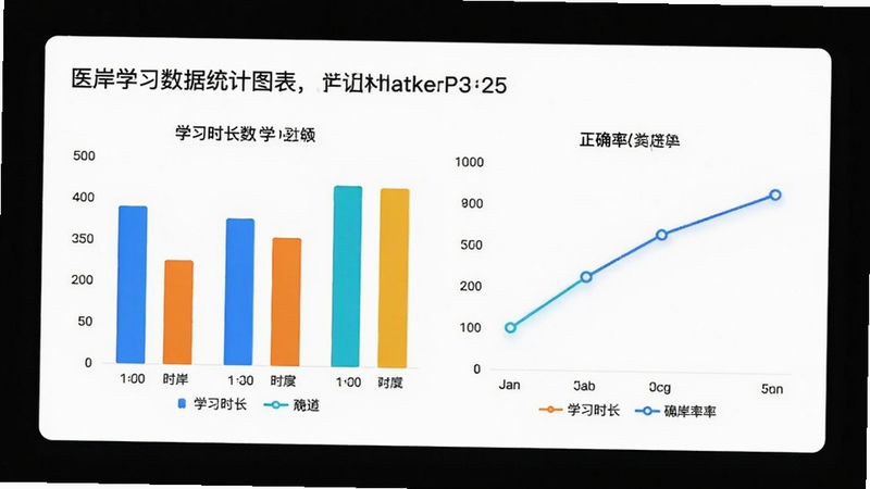 医岸学习数据统计图表,展示柱状图和折线图,包含学习时长和正确率数据,背景为白色卡片,图表颜色鲜艳,界面简洁,突出数据分析功能