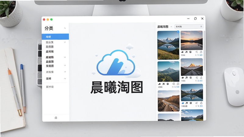 一张晨曦淘图软件主界面的高清展示图,画面中央是软件Logo与主窗口,左侧为分类标签栏,右侧为瀑布流图片预览区,整体风格简洁明亮,背景为浅灰色工作台,突出软件的品牌名“晨曦淘图”,细节清晰,适合作为软件介绍封面图。