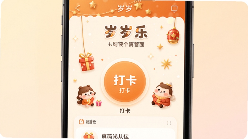 岁岁乐软件主界面预览图,展示温馨明亮的UI设计,主色调为暖橙色与米白色搭配,界面中央有圆形打卡按钮和可爱的节日装饰元素,背景为淡雅渐变色,整体风格清新活泼,适合移动端竖屏展示