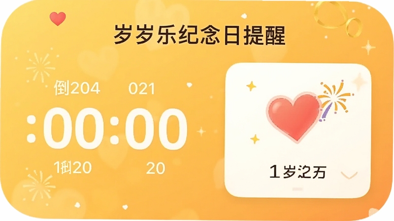 岁岁乐纪念日提醒页面,显示倒计时数字和日期卡片,桌面小组件样式,带有爱心和礼花图标,背景为暖黄色渐变,整体氛围温馨浪漫