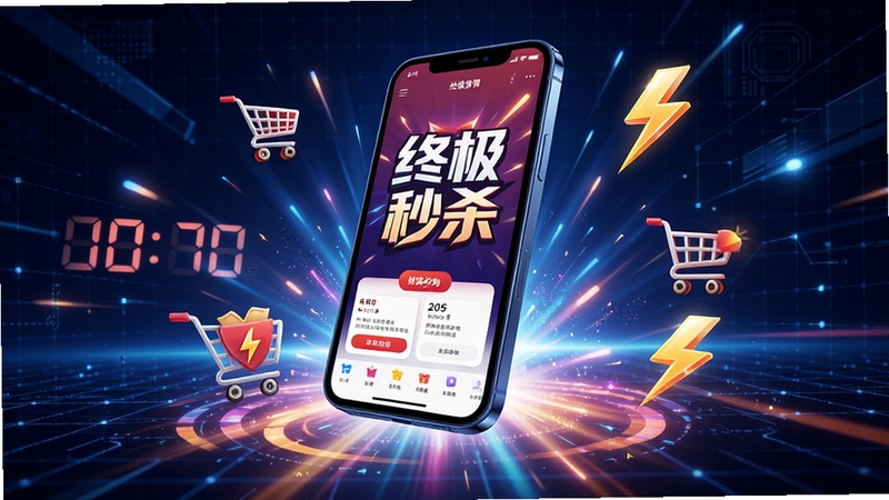 终极秒杀官方主视觉图,画面中央是一款智能手机悬浮在彩色放射状光芒之上,手机屏幕内显示“终极秒杀”应用界面,背景为深蓝色科技感网格与光效,周围环绕着倒计时、购物车、闪电等元素,整体风格炫酷且充满速度感,突出极速抢购的核心功能,高清数字渲染。