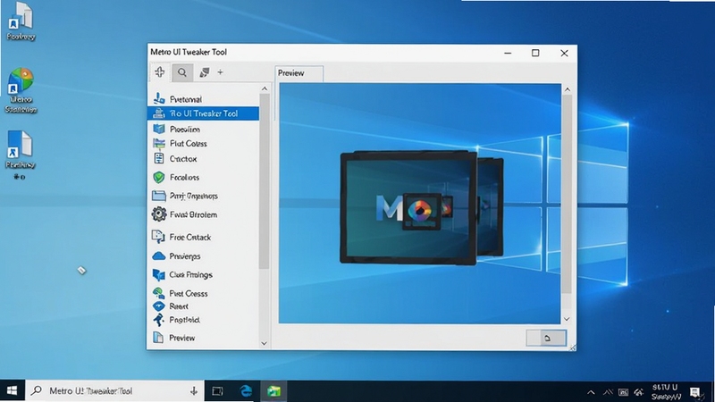 Metro UI Tweaker Tool 主界面预览图,展示软件在Windows系统上运行的效果,画面中央是软件主窗口,左侧为功能列表,右侧为预览区域,背景为干净的Windows桌面,色彩明亮,细节清晰,整体风格现代简洁