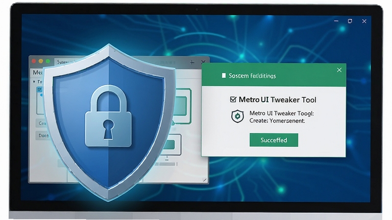 Metro UI Tweaker Tool 安全调整机制示意图,画面展示一个盾牌图标保护着系统设置界面,背景为电脑屏幕显示系统还原点创建成功提示,色彩以蓝色和绿色为主,寓意安全可靠,细节专业