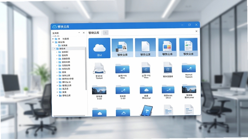 一张现代商务风格的宽幅电脑桌面壁纸,画面中央是够快云库的软件主界面预览图,界面清晰展示左侧文件分类树状列表和右侧文件缩略图网格,背景为虚化的现代化办公室场景,光线明亮柔和,整体色调以蓝色和白色为主,突出软件的专业与高效,画面细节丰富,高清渲染,够快云库界面作为绝对主体占据画面中心位置,背景环境简洁干净