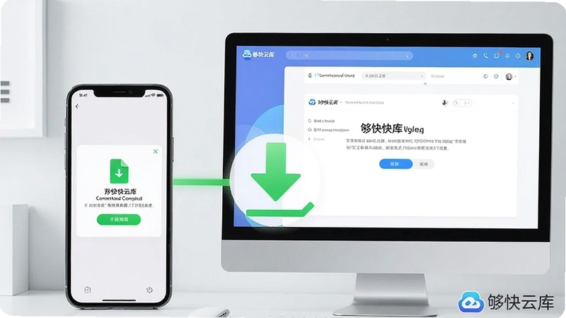 一张展示手机与电脑屏幕互动的场景图,手机屏幕上显示一个文件下载完成的提示界面,电脑屏幕上是够快云库的分享链接页面,画面中央有一个明显的绿色下载箭头图标,连接着两台设备,背景为浅灰色的现代简约风格,整体色调清新明亮,强调跨设备无缝下载的便捷性,画面包含够快云库的Logo水印