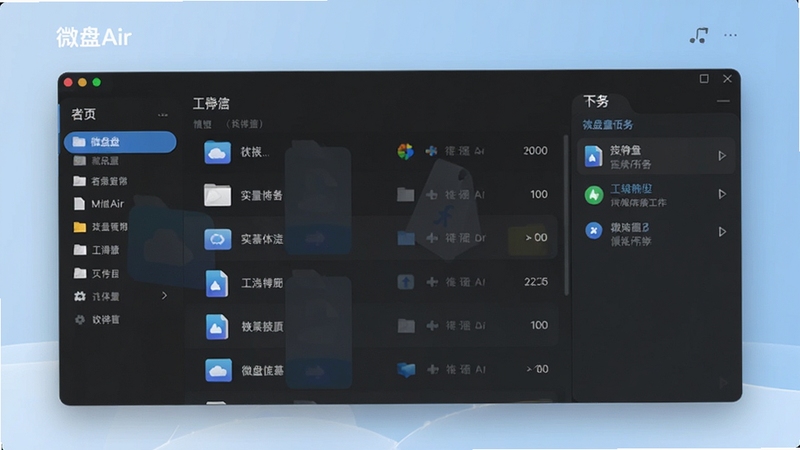 微盘Air主界面预览图,显示左侧文件分类栏、中部文件列表、右侧传输任务面板,背景为浅蓝色渐变,整体风格简洁现代,突出软件名称微盘Air